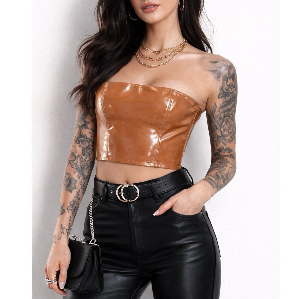 By Anthropologie Sz S Caramel Brown PU Shiny Faux Leather Corset Strapless Top